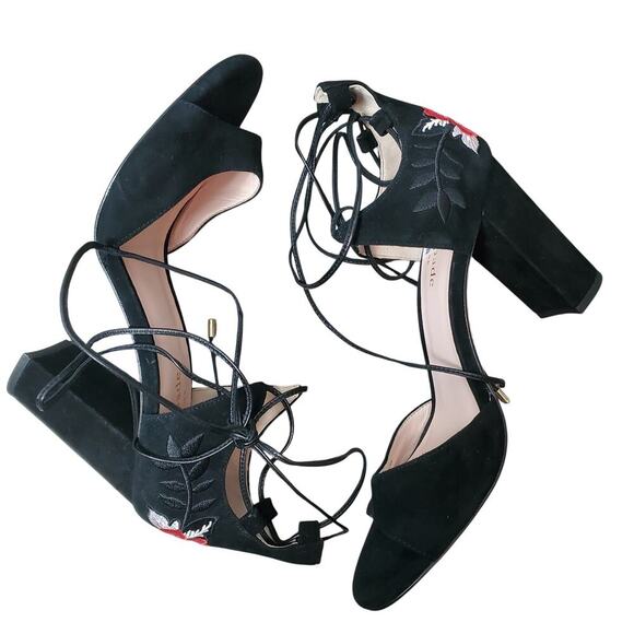 Kate Spade Oasis Lace-Up Suede Heels Floral Embroidered Sandals Black Size 6.5 - Picture 6 of 9